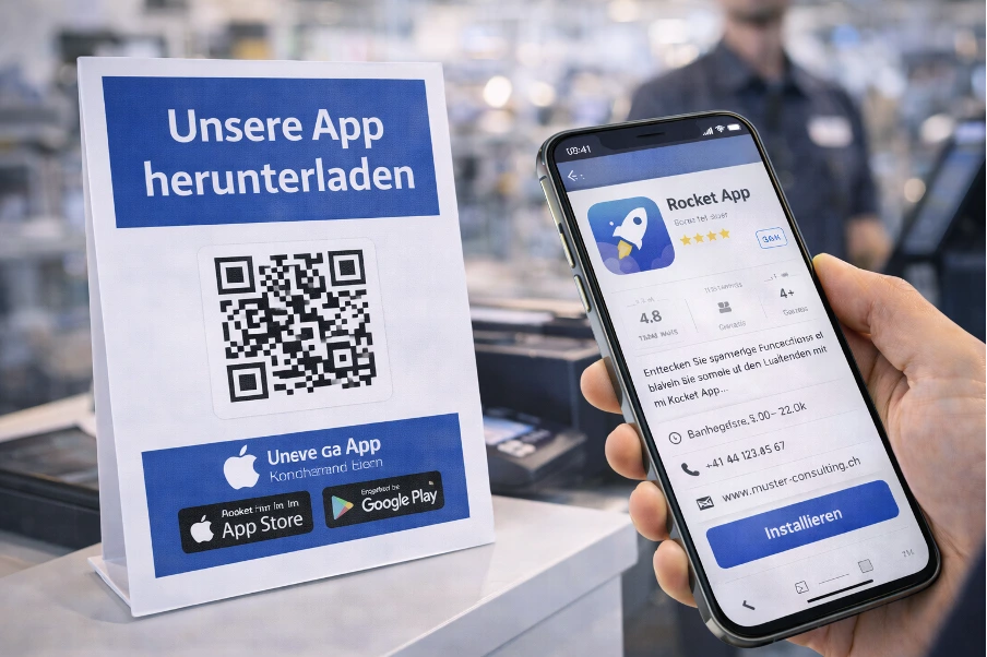 Tischaufsteller mit einem App-Download-QR-Code, darüber ein Smartphone welches den Code scannt.