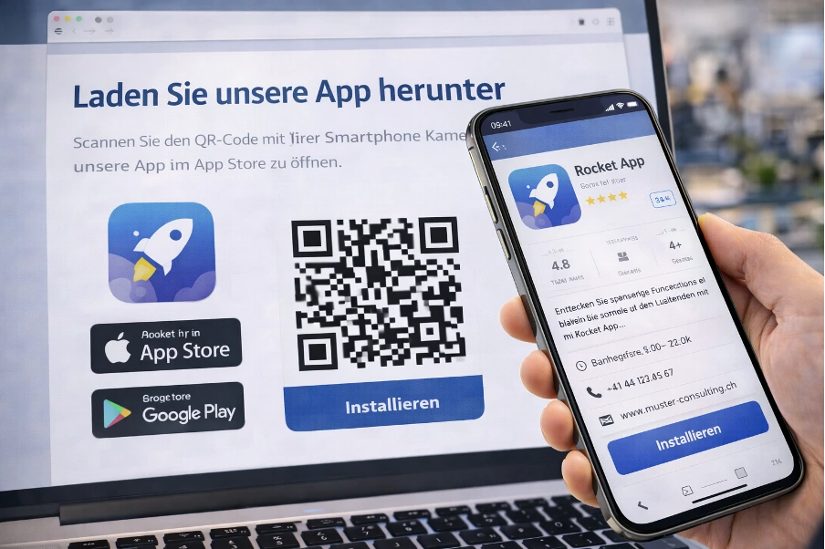 Website auf einem Notebook mit App-Download-QR-Code, darüber ein Smartphone welches den Code scannt.