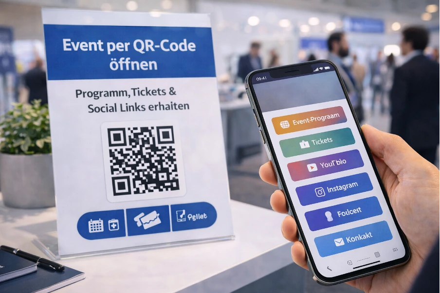 Ein Besucher scannt auf einer Messe einen QR-Code-Aufsteller, um das Event-Programm und Tickets auf seinem Smartphone zu öffnen.