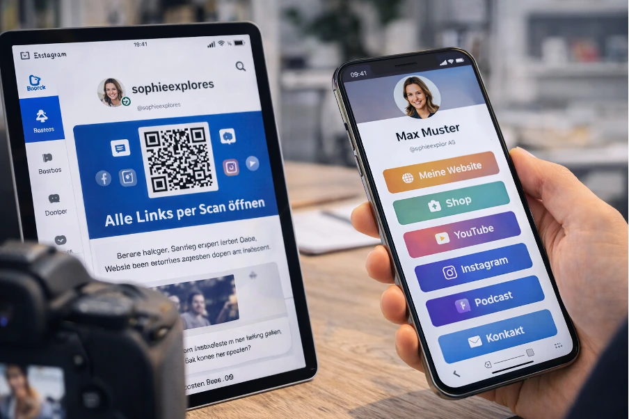 Smartphone und Tablet zeigen eine Biolink-Landingpage mit einem QR-Code und Buttons zu Instagram, YouTube und Podcast.