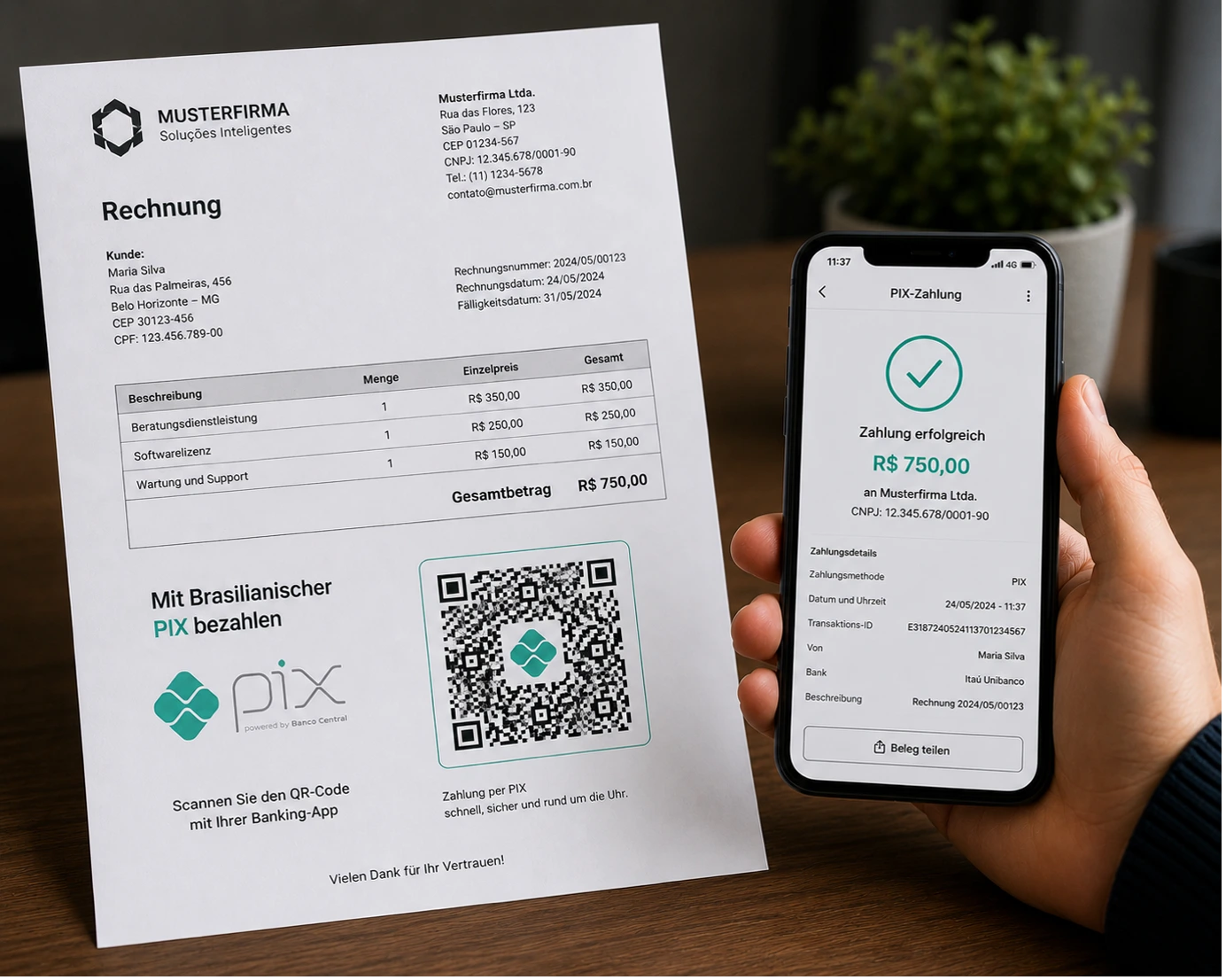 Eine gedruckte deutsche Beispiel-Rechnung der „Musterfirma Ltda.“ über einen Gesamtbetrag von R$ 750,00 mit einem integrierten PIX-QR-Code. Rechts daneben zeigt ein Smartphone die erfolgreiche Zahlungsbestätigung der Rechnung via PIX-App an.