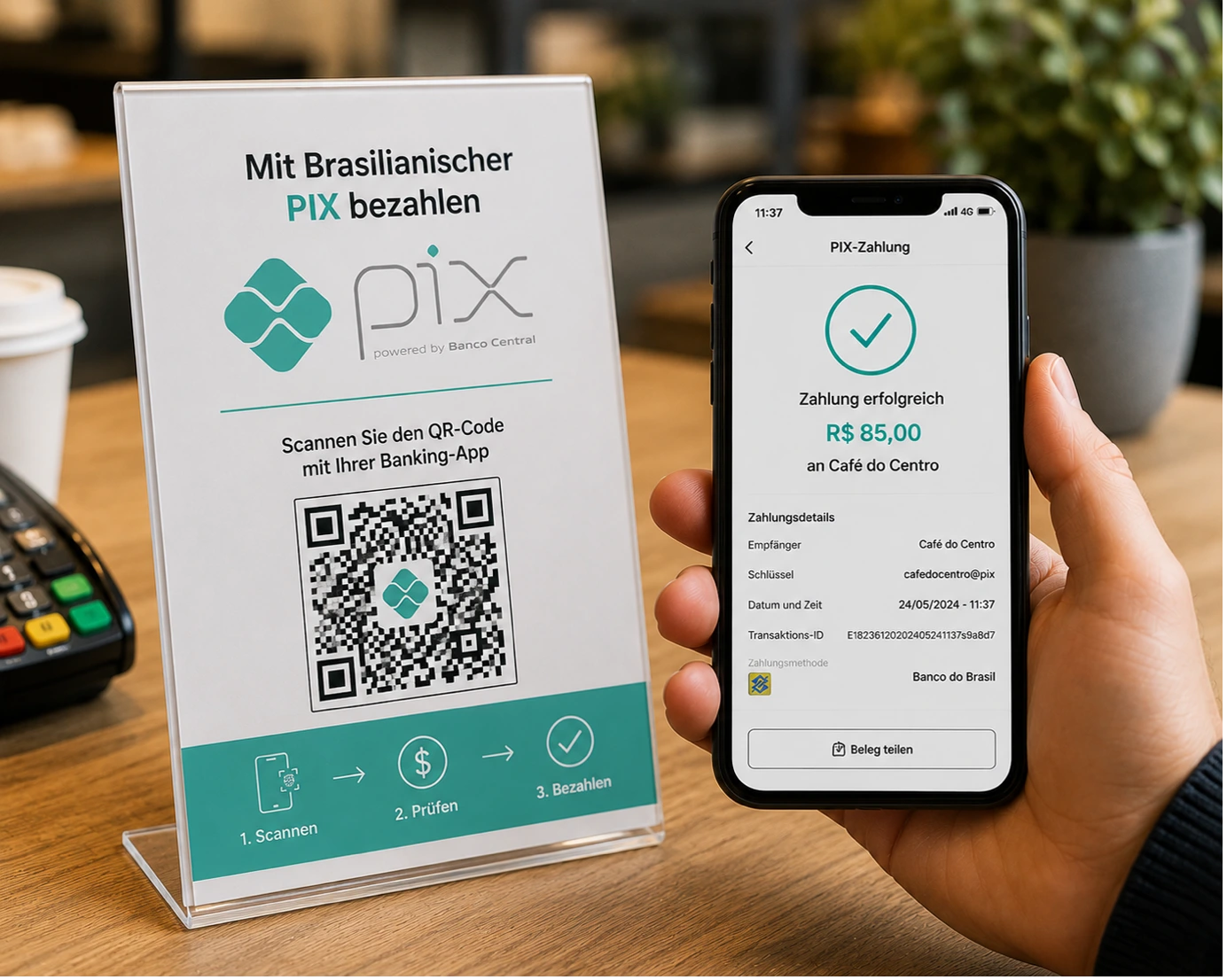 Ein Acryl-Tischaufsteller mit einem QR-Code und der deutschen Aufschrift „Mit Brasilianischer PIX bezahlen“ steht auf einer Theke. Daneben hält eine Hand ein Smartphone, das eine erfolgreiche PIX-Zahlungsbestätigung über R$ 85,00 an das „Café do Centro“ anzeigt.