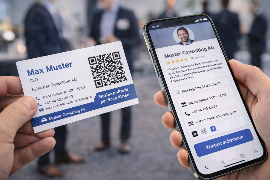 Tischaufsteller mit einem Geschäftsprofil-QR-Code, darüber ein Smartphone welches den Code scannt.