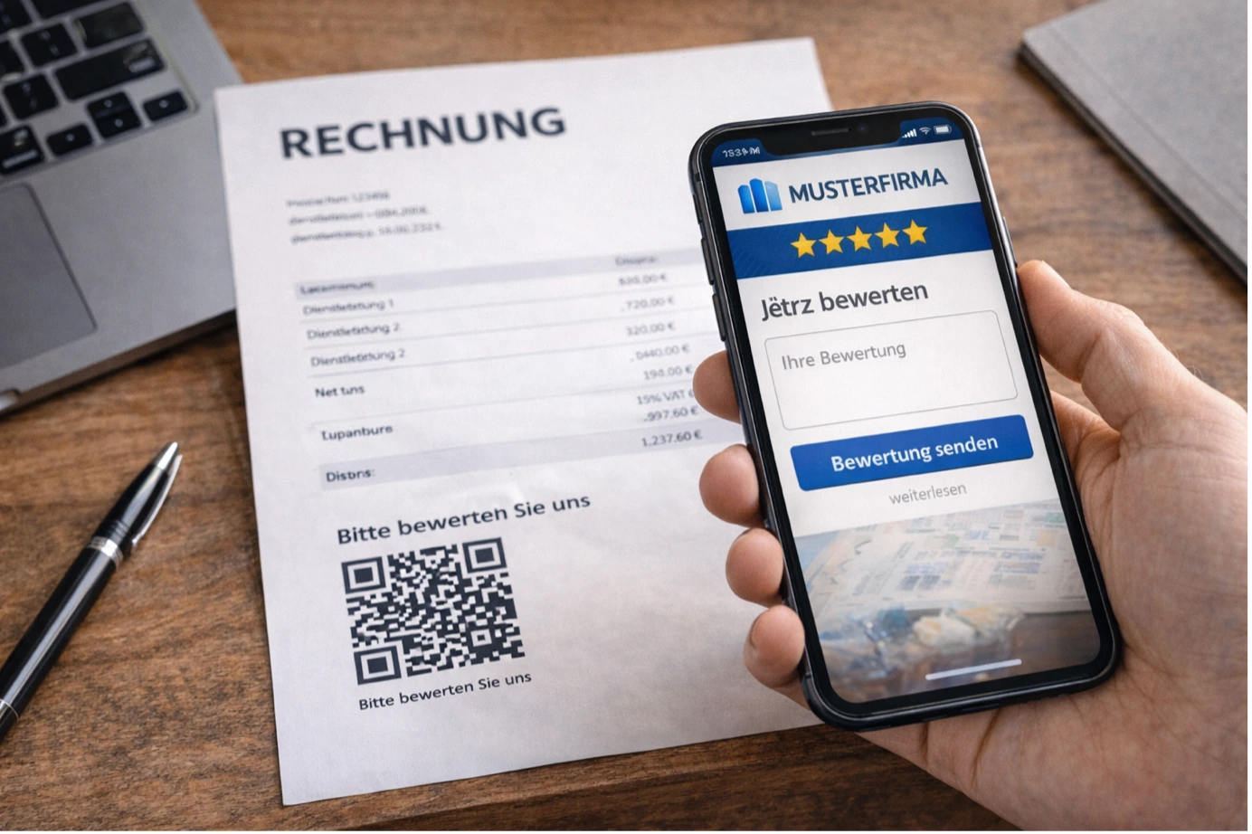 Website auf einem Notebook mit Business-Review-QR-Code, darüber ein Smartphone welches den Code scannt.