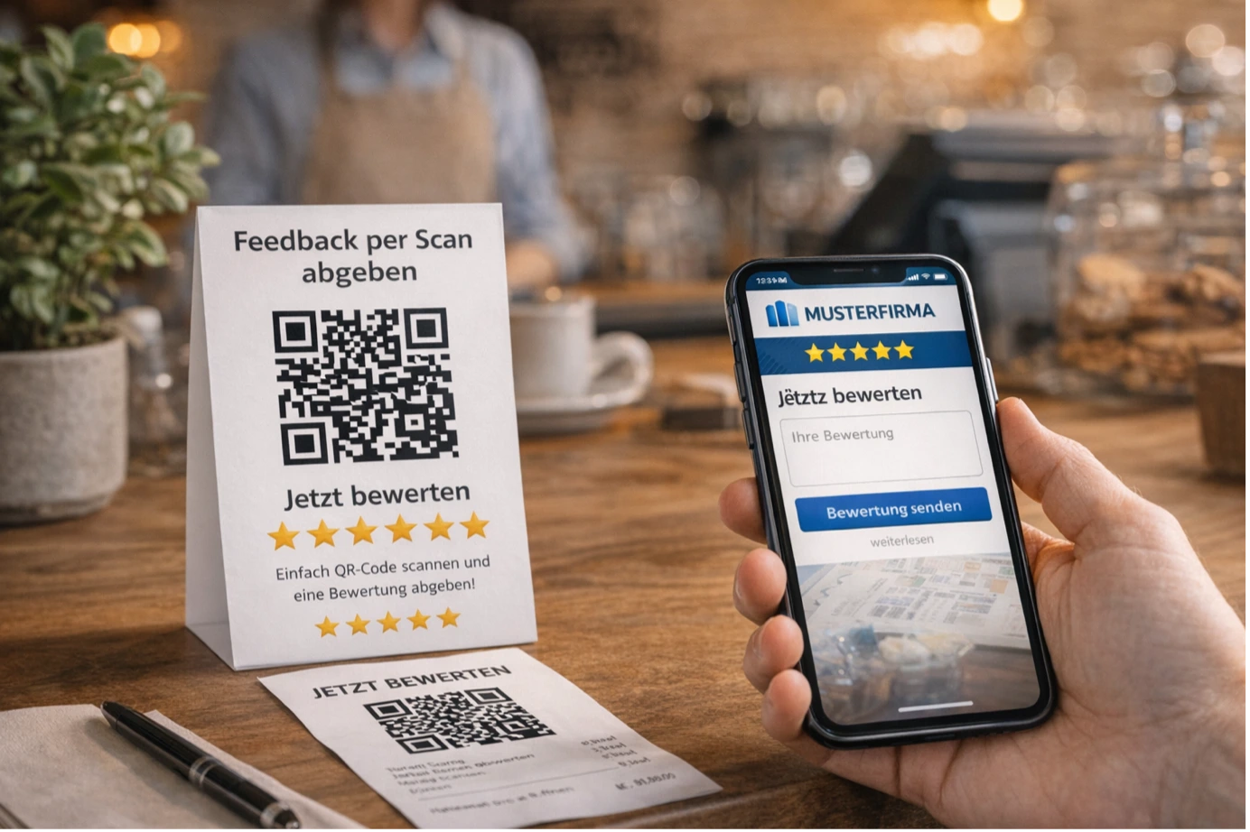 Tischaufsteller mit einem Business-Review-QR-Code, darüber ein Smartphone welches den Code scannt.