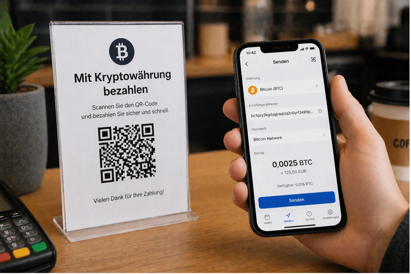 Ein Tischaufsteller in einem Geschäft mit der Aufschrift „Mit Kryptowährung bezahlen“ und QR-Code; eine Hand hält ein iPhone mit einer Bitcoin-Wallet-App.