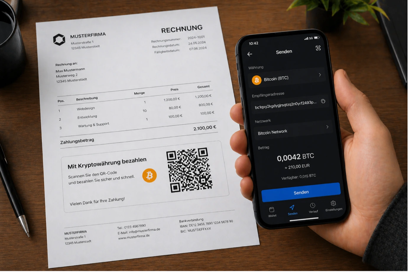 Eine gedruckte Rechnung mit einem QR-Code für Kryptowährungen auf einem Schreibtisch; daneben ein Smartphone mit einer Bitcoin-Zahlungsmaske.