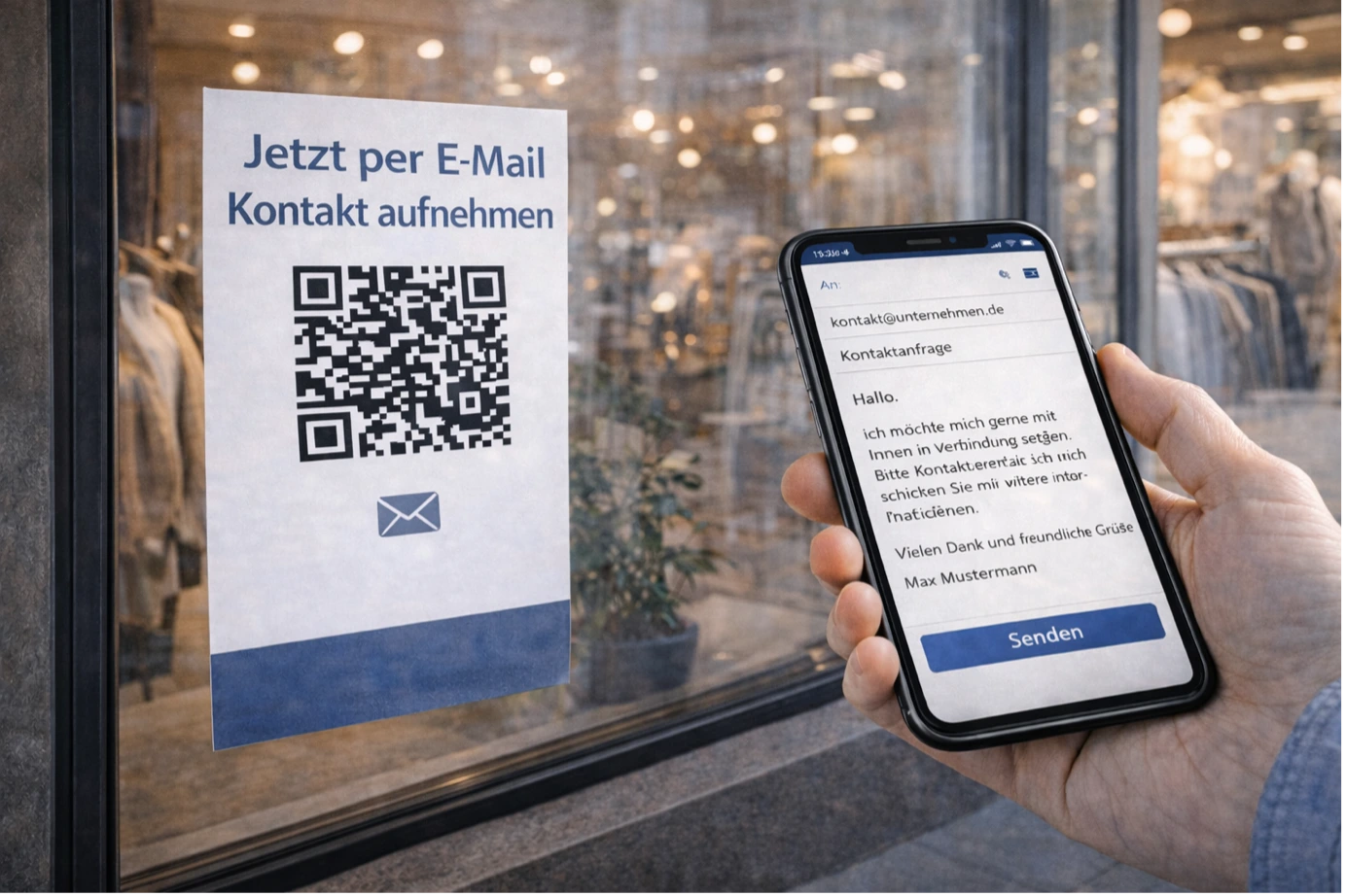 Dynamischer QR-Code für E-Mail-Anfragen auf einem Plakat am Schaufenster eines Geschäfts mit Smartphone-Scan.