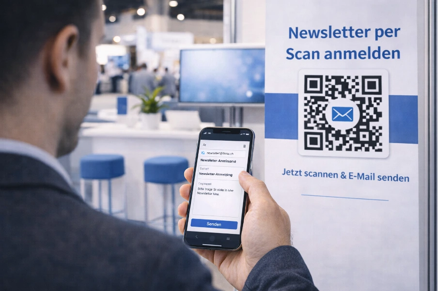 Werbeaufsteller mit E-Mail-QR-Code, darüber ein Kunde mit Smartphone welcher den Code scannt.