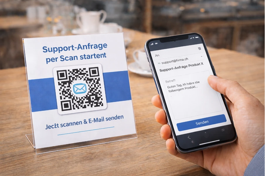 Tischaufsteller mit einem E-Mail-QR-Code, darüber ein Smartphone welches den Code scannt.