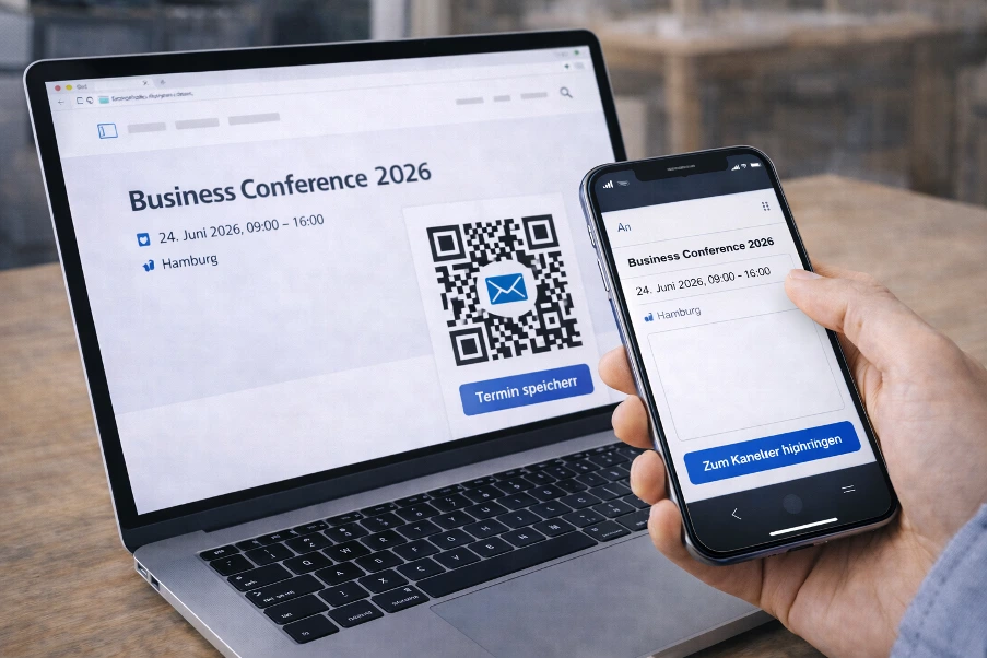 Website auf einem Notebook mit einem Event-QR-Code, darüber ein Smartphone welches den Code scannt.