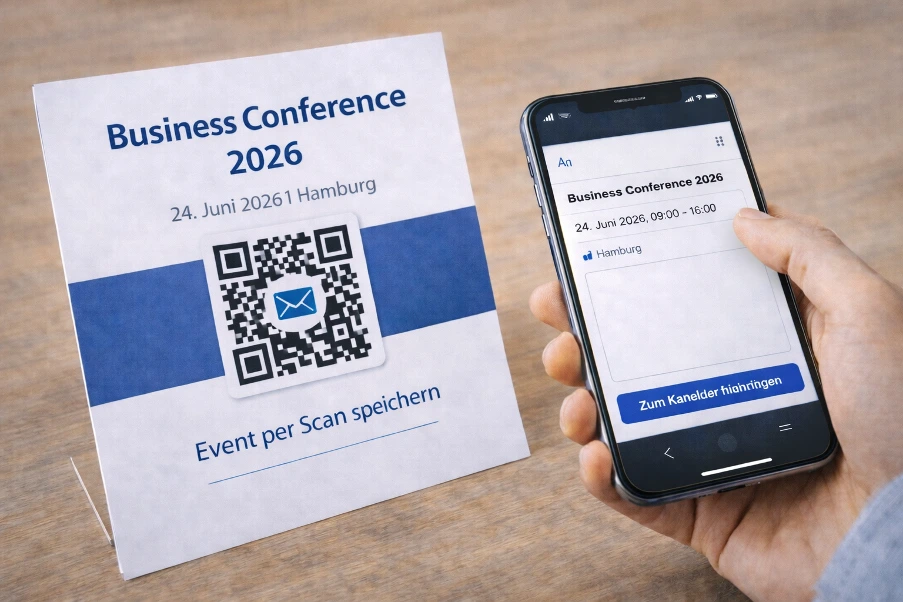 Tischaufsteller mit einem Event-QR-Code für eine Konferenz, darüber ein Smartphone welches den Code scannt.