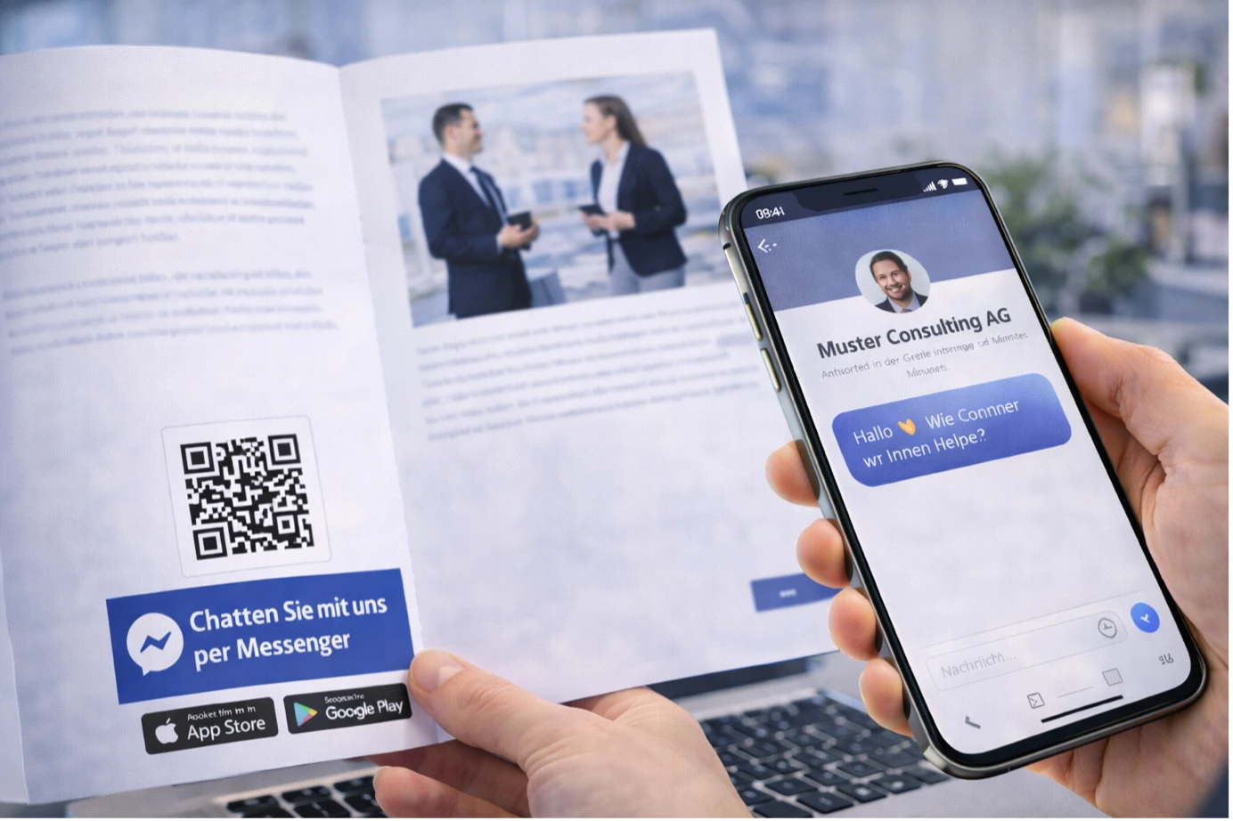 Eine Hand hält eine aufgeschlagene Broschüre mit Facebook Messenger QR-Code, während ein Smartphone den Chat mit Muster Consulting AG anzeigt.