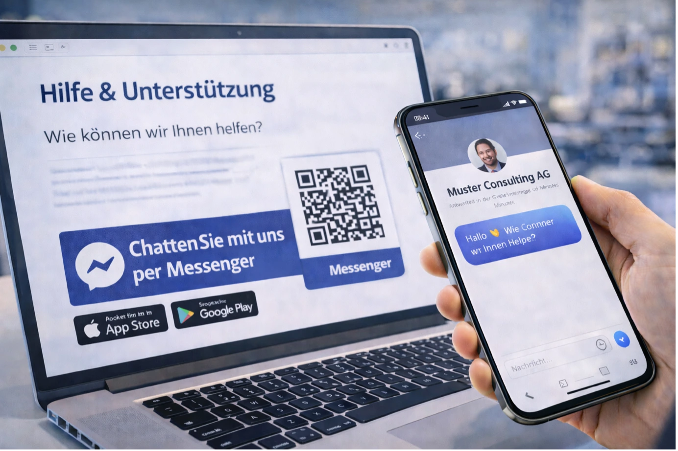 Laptop zeigt Support-Seite mit Facebook Messenger QR-Code und Smartphone scannt diesen für einen Chat mit Muster Consulting AG.