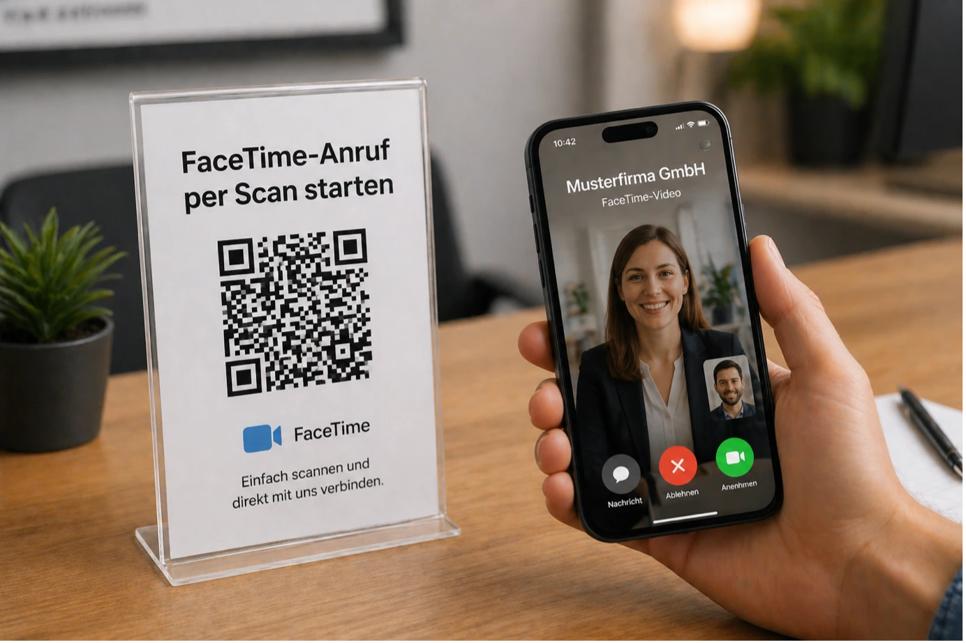 Ein Tischaufsteller aus Acryl mit der Aufschrift „FaceTime-Anruf per Scan starten“ und QR-Code; im Vordergrund ein Smartphone mit einem eingehenden Videoanruf.