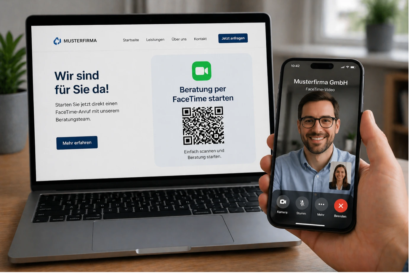 Ein Laptop zeigt eine Firmenwebseite mit QR-Code für Videoberatung; daneben hält eine Hand ein iPhone mit einem aktiven FaceTime-Anruf zu einem Berater.