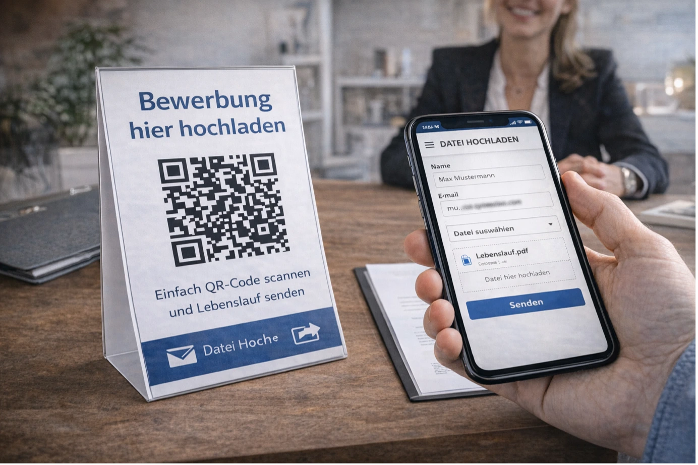 Hand hält Smartphone vor einen Tischaufsteller mit QR-Code zum Hochladen einer Bewerbung und eines Lebenslaufs.