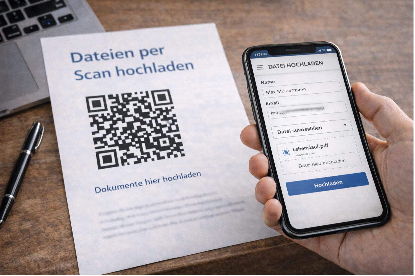 Smartphone zeigt eine Upload-Maske für PDF-Dateien neben einem Blatt Papier mit QR-Code zum Dokumenten-Upload.