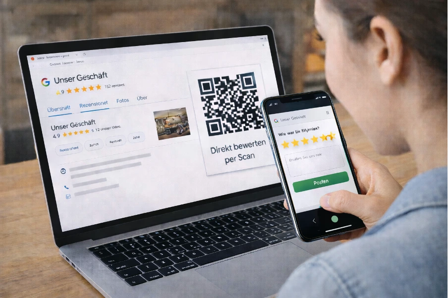 Website auf einem Notebook mit Google-Review-QR-Code, darüber ein Smartphone welches den Code scannt.
