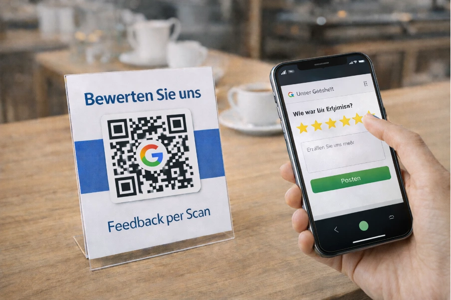 Tischaufsteller mit einem Google-Review-QR-Code, darüber ein Smartphone welches den Code scannt.