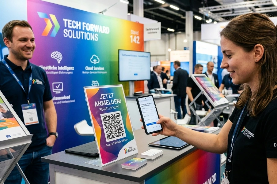 Eine Frau scannt mit ihrem Smartphone einen QR-Code auf einem Tischaufsteller an einem Messestand von „Tech Forward Solutions“. Auf dem Handy-Display ist ein Anmeldeformular zu sehen, während im Hintergrund ein lächelnder Mitarbeiter steht.