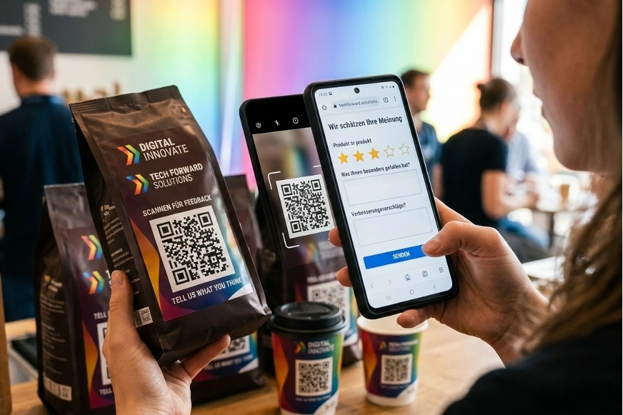 Eine Person scannt mit einem Smartphone einen QR-Code auf einer Kaffeebohnen-Packung. Auf dem Display erscheint ein digitales Feedback-Formular von „Digital Innovate“ und „Tech Forward Solutions“ mit einer Sterne-Bewertung.