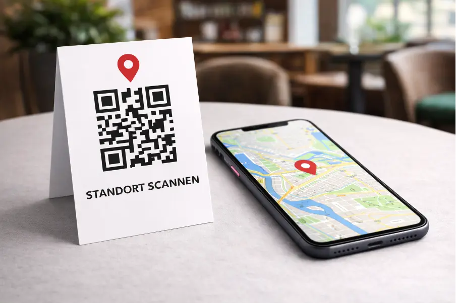 Gefaltete Karte mit einem Standort-QR-Code, darüber einem Standort-Symbol und dem Text „Standort scannen“.