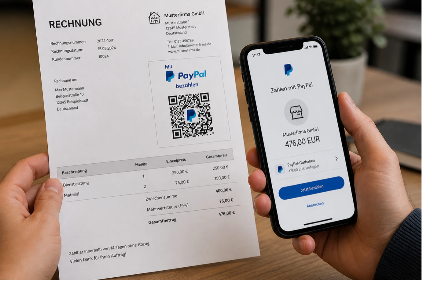 Hände halten eine gedruckte Rechnung von der Musterfirma GmbH mit integriertem PayPal QR-Code und ein Smartphone, das die Zahlung von CHF 476.00 vorbereitet.