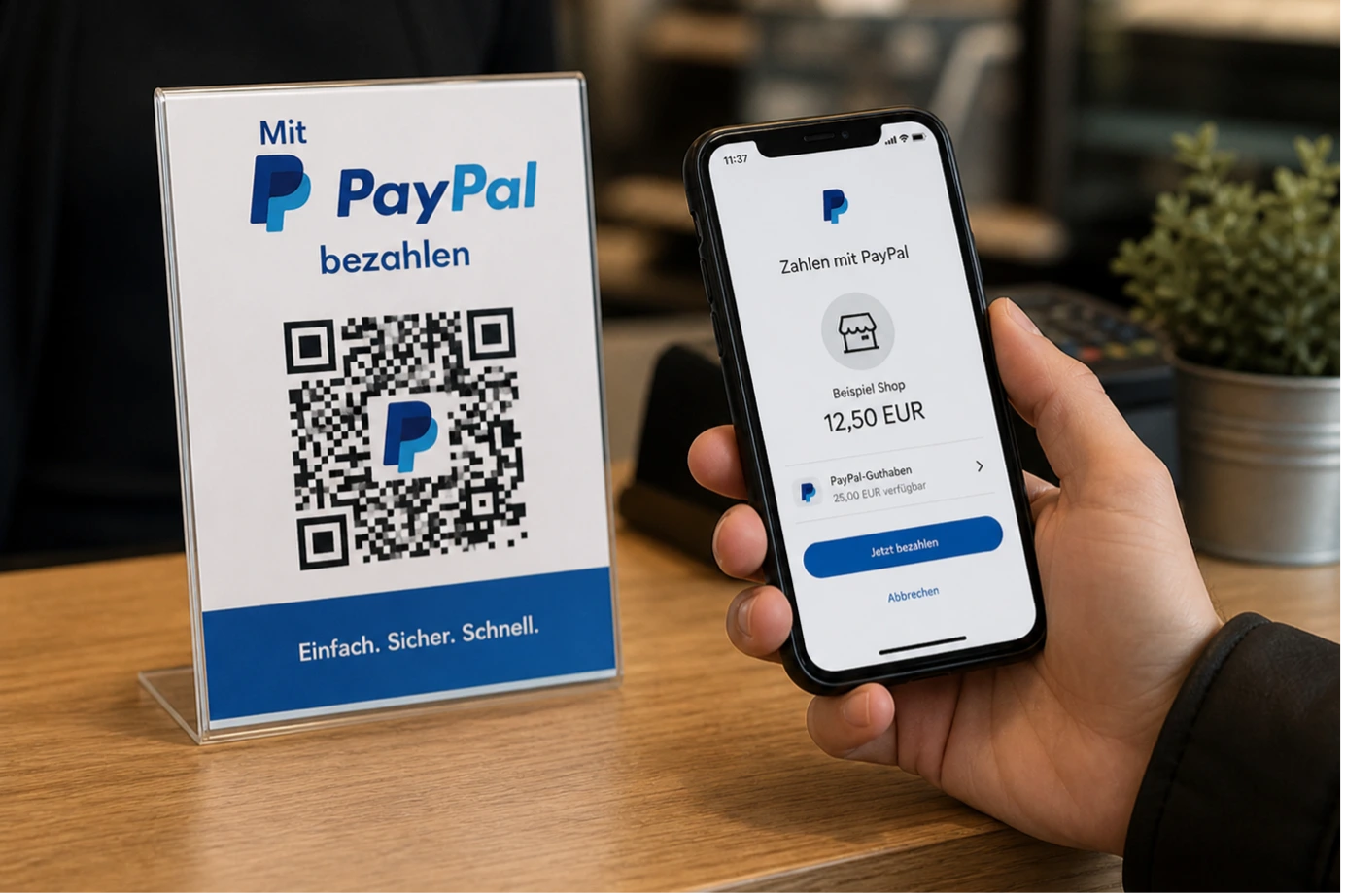 Ein Tischaufsteller mit PayPal QR-Code und der Aufschrift „Einfach. Sicher. Schnell.“; daneben ein Smartphone mit einer PayPal-Zahlungsmaske über CHF 12.50.