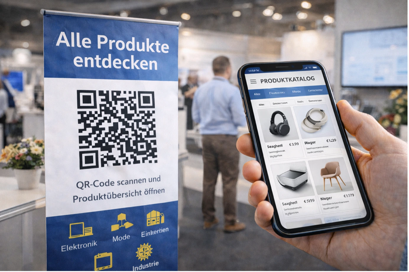 Ein blau-weisses Roll-up Banner mit QR-Code und der Aufschrift „Alle Produkte entdecken“ neben einem Smartphone, das einen digitalen Produktkatalog zeigt.