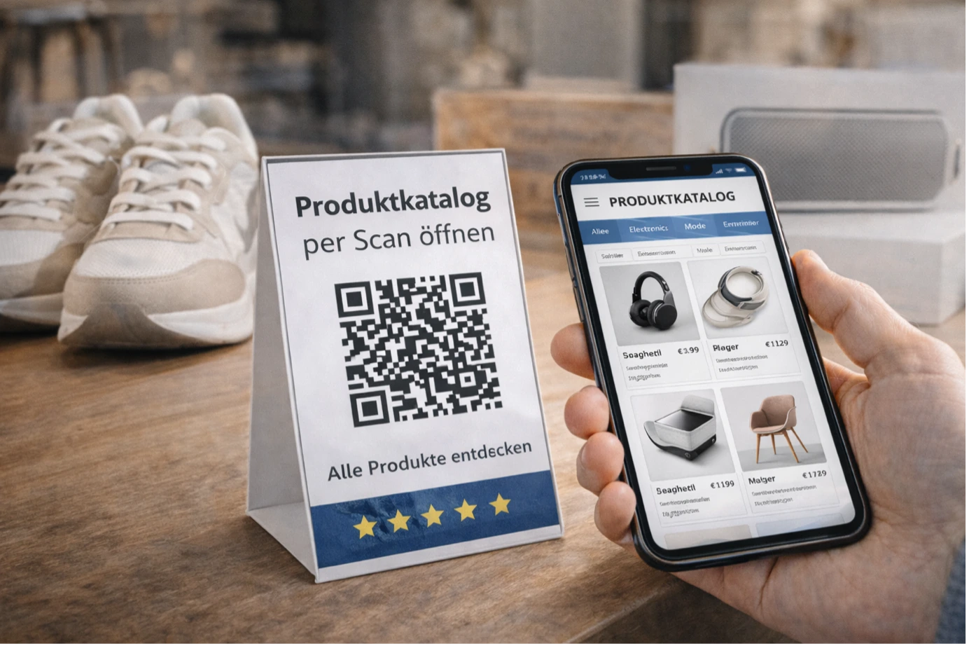 Ein weisser L-Aufsteller mit QR-Code auf einem Holztisch neben Sneakern; ein Smartphone zeigt die mobile Ansicht des Katalogs mit Kopfhörern und Möbeln.