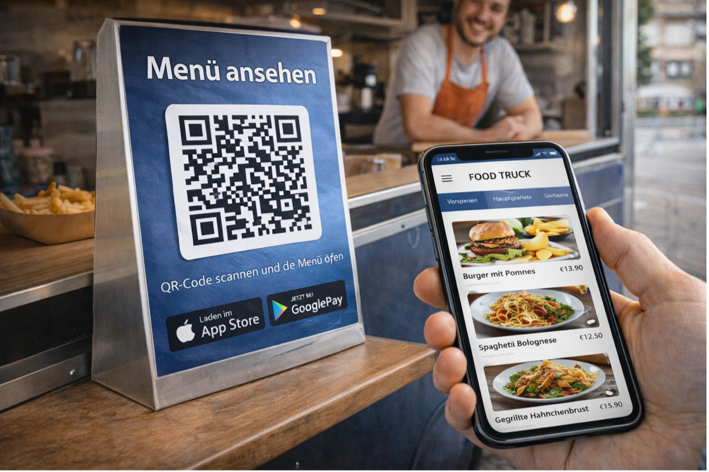 QR-Code-Schild an einem Food Truck mit App-Store-Links; im Vordergrund hält eine Hand ein Smartphone mit der digitalen Speisekarte.