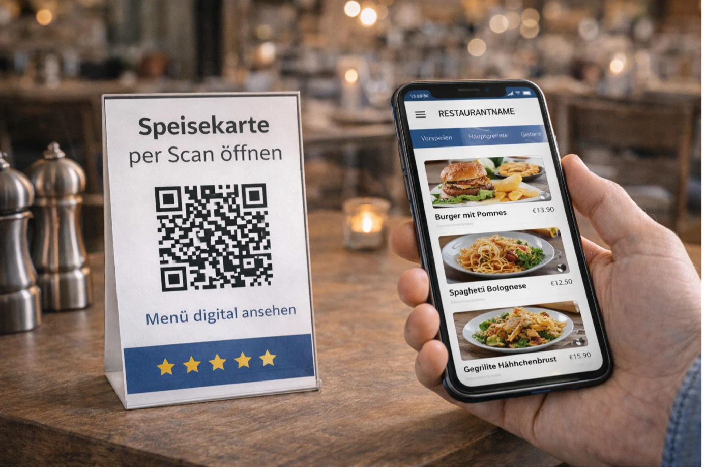 Nahaufnahme eines QR-Code-Menü-Aufstellers auf einem Restauranttisch mit einem Smartphone, das die digitale Speisekarte anzeigt.