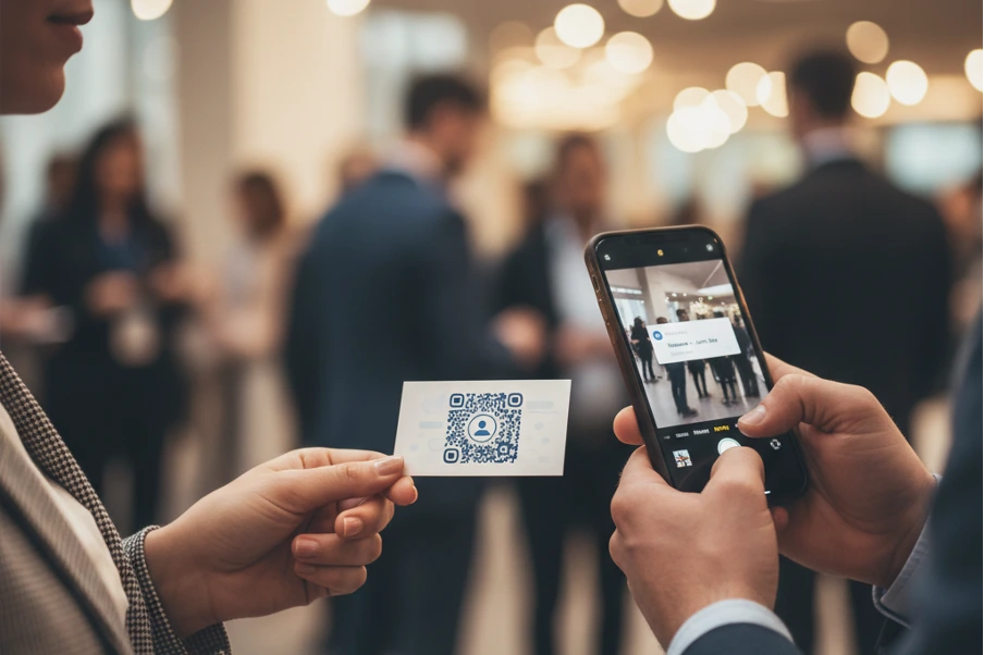 Nahaufnahme von zwei Personen bei einem Business-Event: Eine Hand hält eine weiße Visitenkarte mit einem blauen QR-Code in der Mitte, während eine andere Person diesen mit einem Smartphone fokussiert und scannt. Der Hintergrund ist professionell und leicht unscharf.