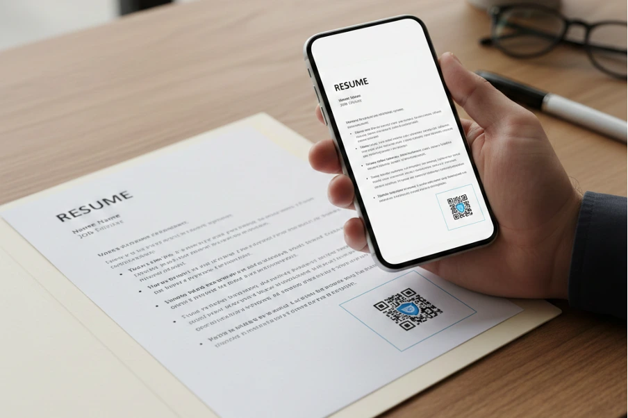 Nahaufnahme einer Hand, die ein Smartphone über einen ausgedruckten Lebenslauf auf einem Schreibtisch hält. Sowohl auf dem Handy-Display als auch auf dem Papier ist ein prominenter QR-Code zu sehen, der auf eine digitale Ergänzung der Bewerbung hindeutet.