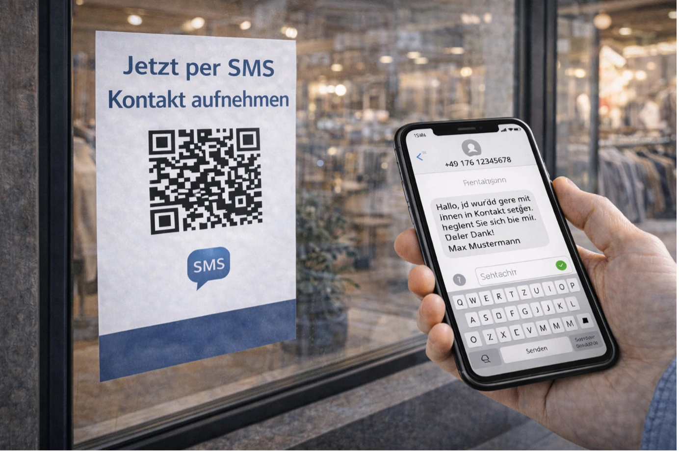 Nahaufnahme eines SMS-QR-Codes an einer Glasscheibe eines Ladengeschäfts; ein Smartphone im Vordergrund zeigt die automatisch generierte Nachricht für den Kundensupport.
