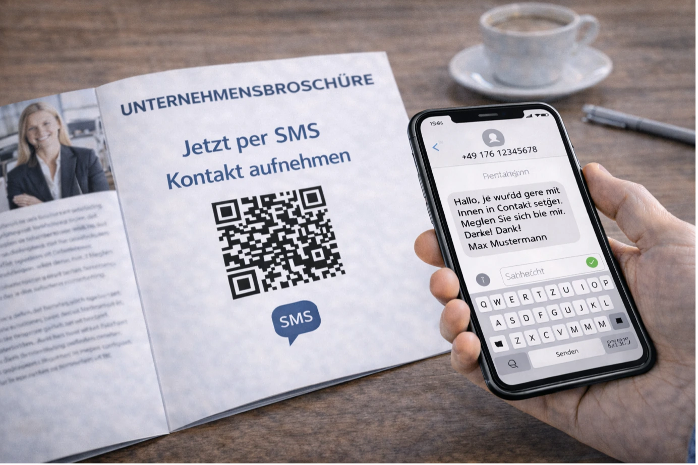 Hand hält Smartphone über eine Unternehmensbroschüre mit SMS-QR-Code, auf dem Display ist eine vorgefertigte Textnachricht an eine deutsche Mobilfunknummer zu sehen.