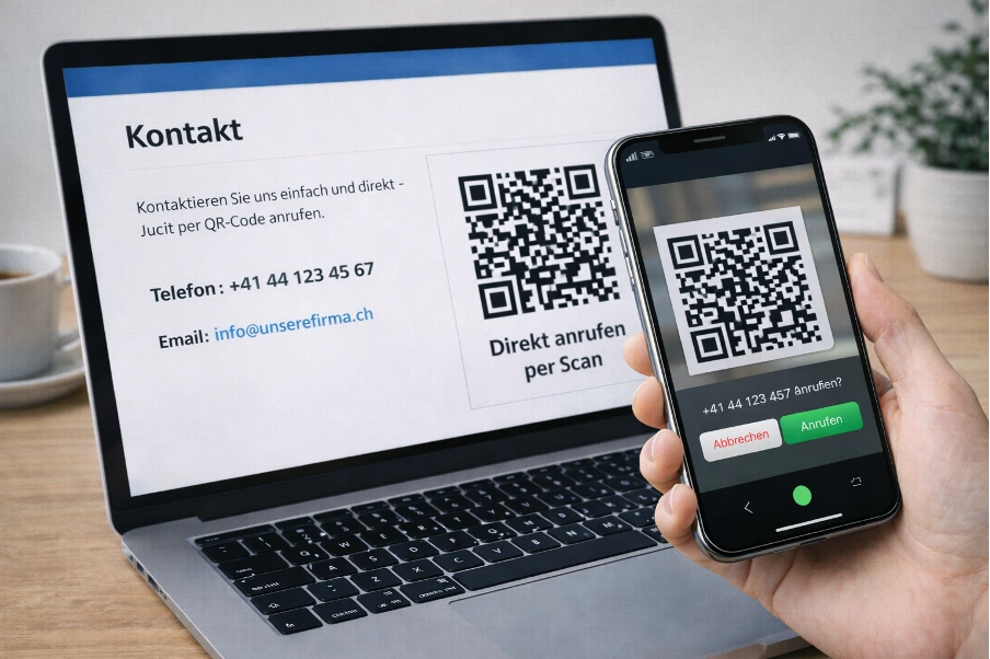 Website auf einem Notebook mit Telefonnummer-QR-Code, darüber ein Smartphone welches den Code scannt.