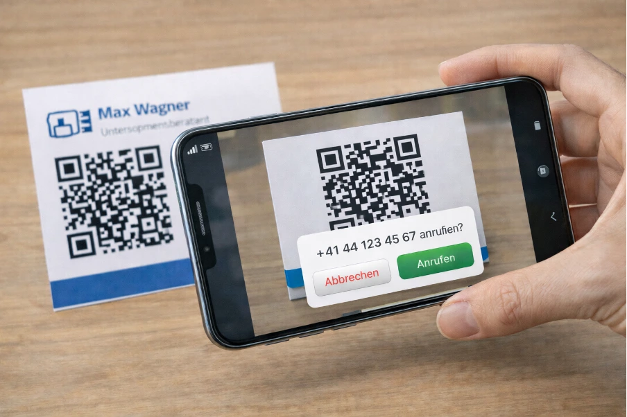 Visitenkarte mit einem Telefonnummer-QR-Code, darüber ein Smartphone welches den Code scannt.