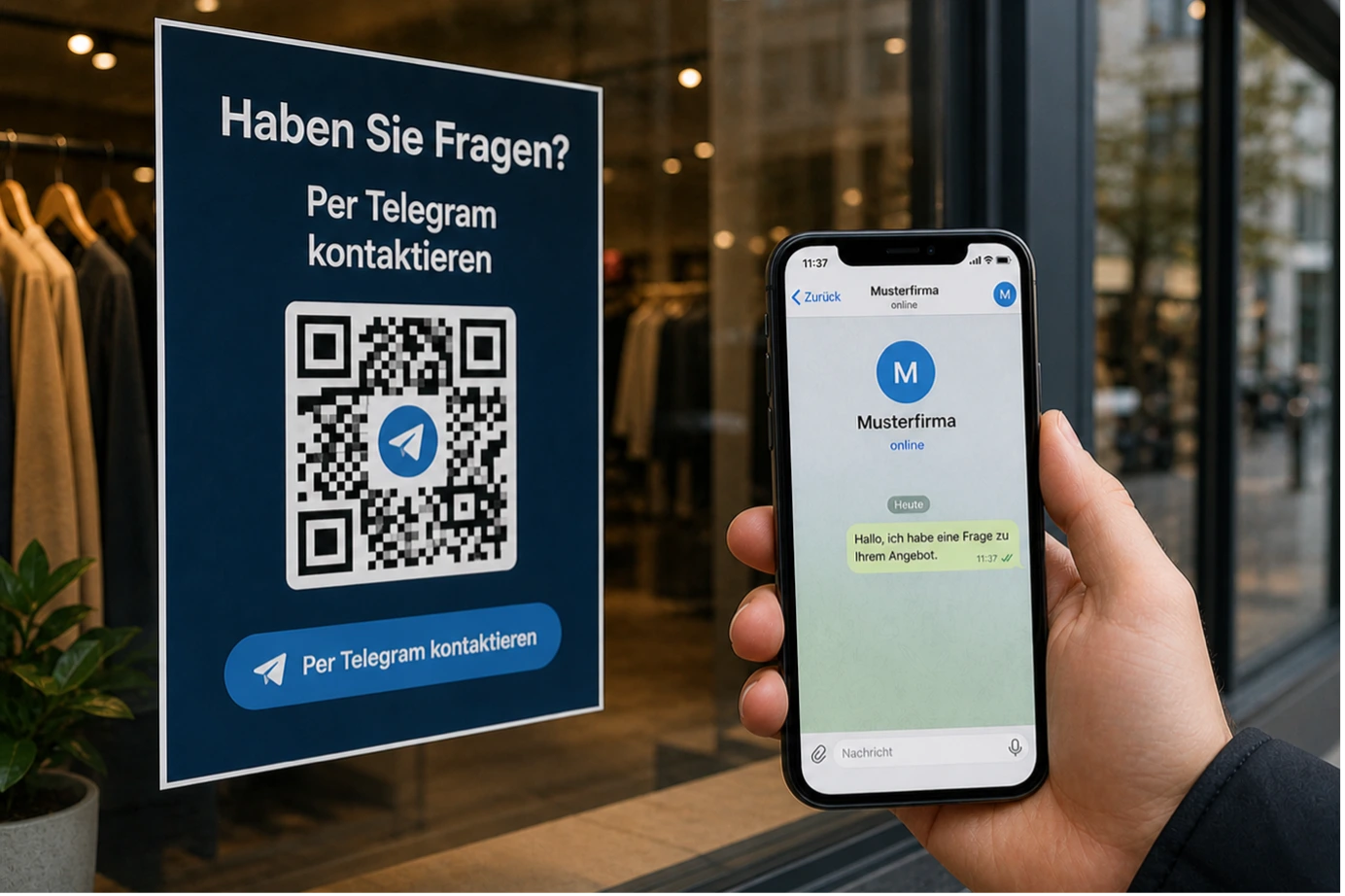 Ein dunkelblaues Infoschild an einer Glasfront mit der Aufschrift „Haben Sie Fragen? Per Telegram kontaktieren“ und QR-Code; im Vordergrund ein Smartphone mit Telegram-Chat.