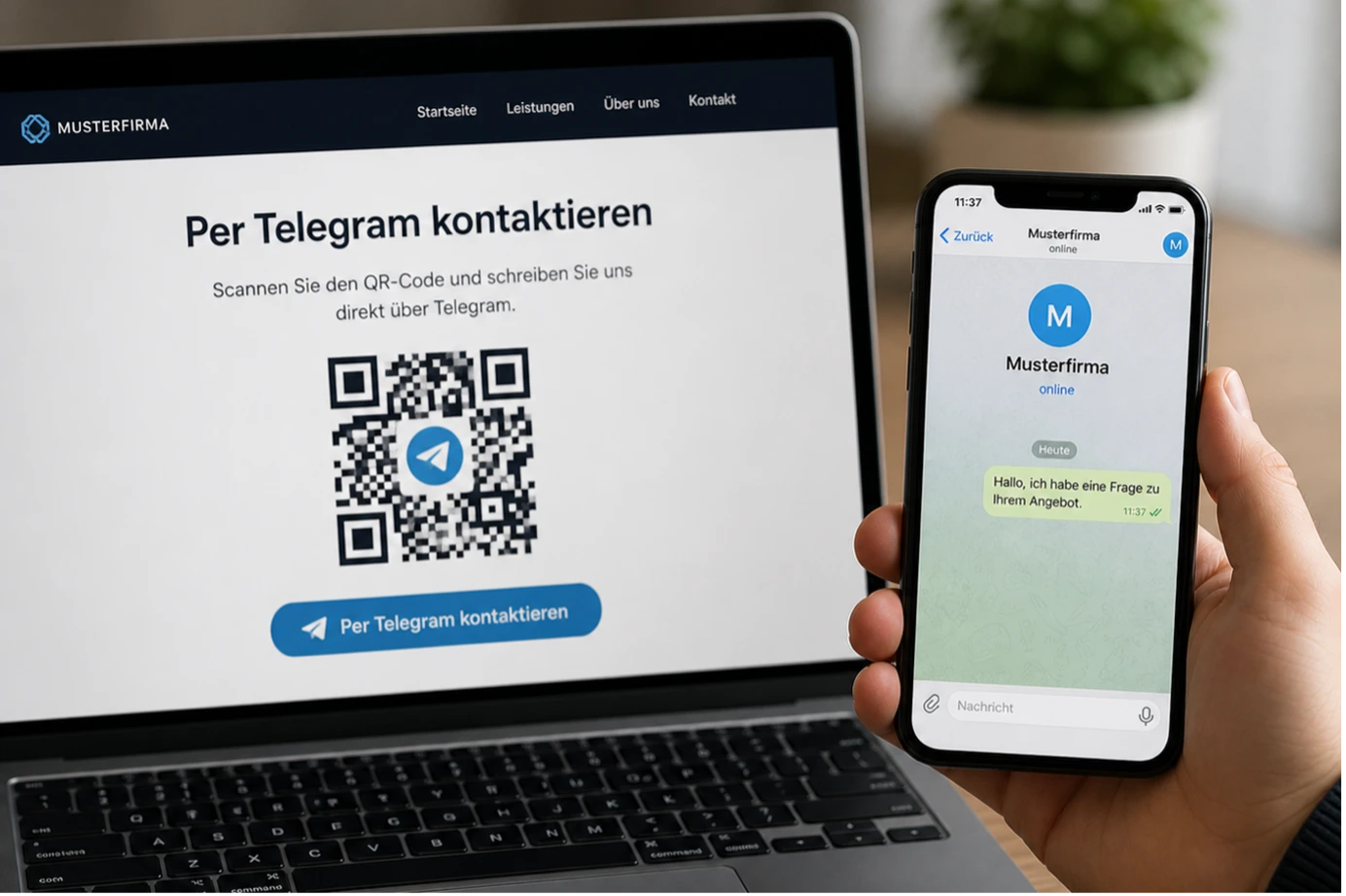 Laptop zeigt eine Webseite mit Telegram QR-Code zur direkten Kontaktaufnahme; daneben ein Smartphone mit einem aktiven Telegram-Chatfenster der Musterfirma.