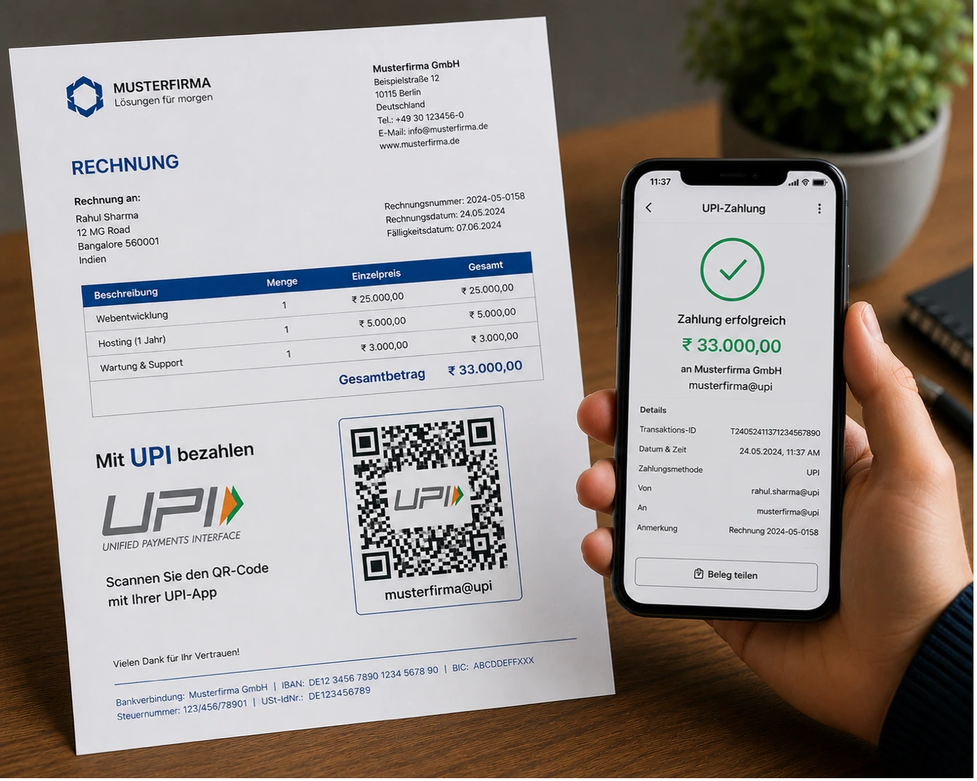 Eine gedruckte deutsche Rechnung der „Musterfirma GmbH“ für einen Kunden in Indien über einen Gesamtbetrag von ₹ 33.000,00 mit integriertem UPI-QR-Code. Rechts daneben zeigt ein Smartphone die erfolgreiche Zahlungsbestätigung der Rechnung über die UPI-Schnittstelle an.