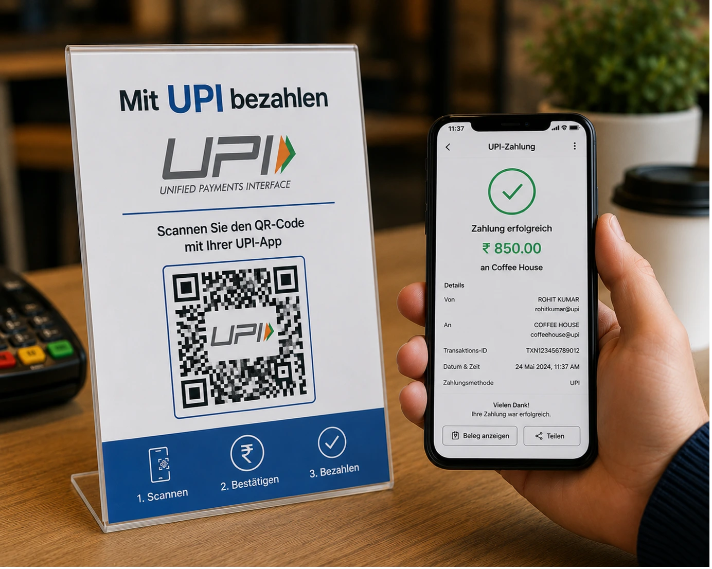 Ein Acryl-Tischaufsteller mit einem QR-Code und der deutschen Aufschrift „Mit UPI bezahlen“ steht auf einer Theke neben einem Kartenterminal. Eine Hand hält ein Smartphone daneben, das eine erfolgreiche UPI-Zahlungsbestätigung über ₹ 850,00 an das „Coffee House“ anzeigt.