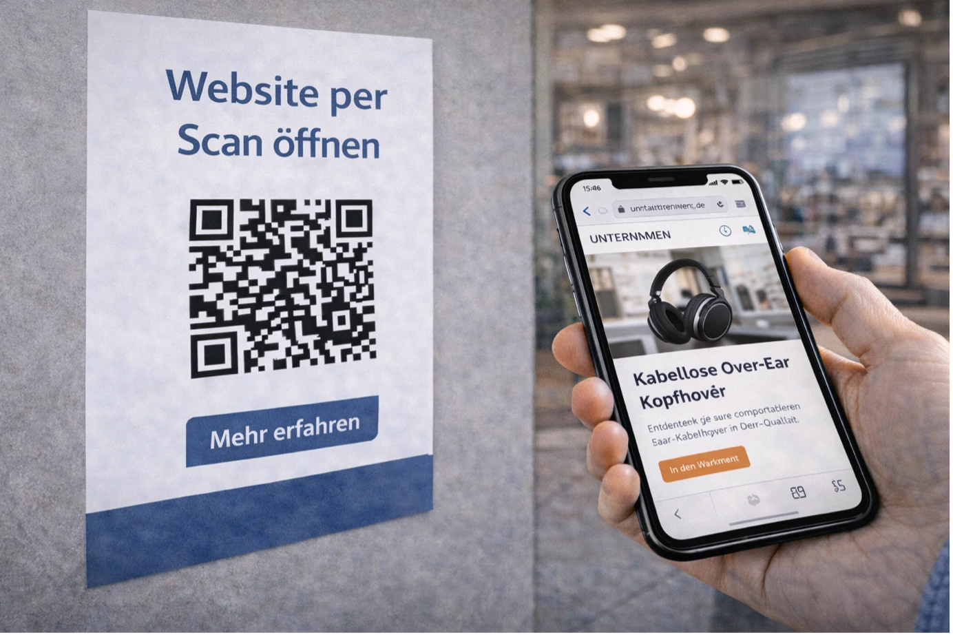 Ein Plakat an einer Wand mit der Aufschrift „Website per Scan öffnen“ und einem QR-Code; daneben ein Smartphone, das die Zielwebseite für Kopfhörer anzeigt.
