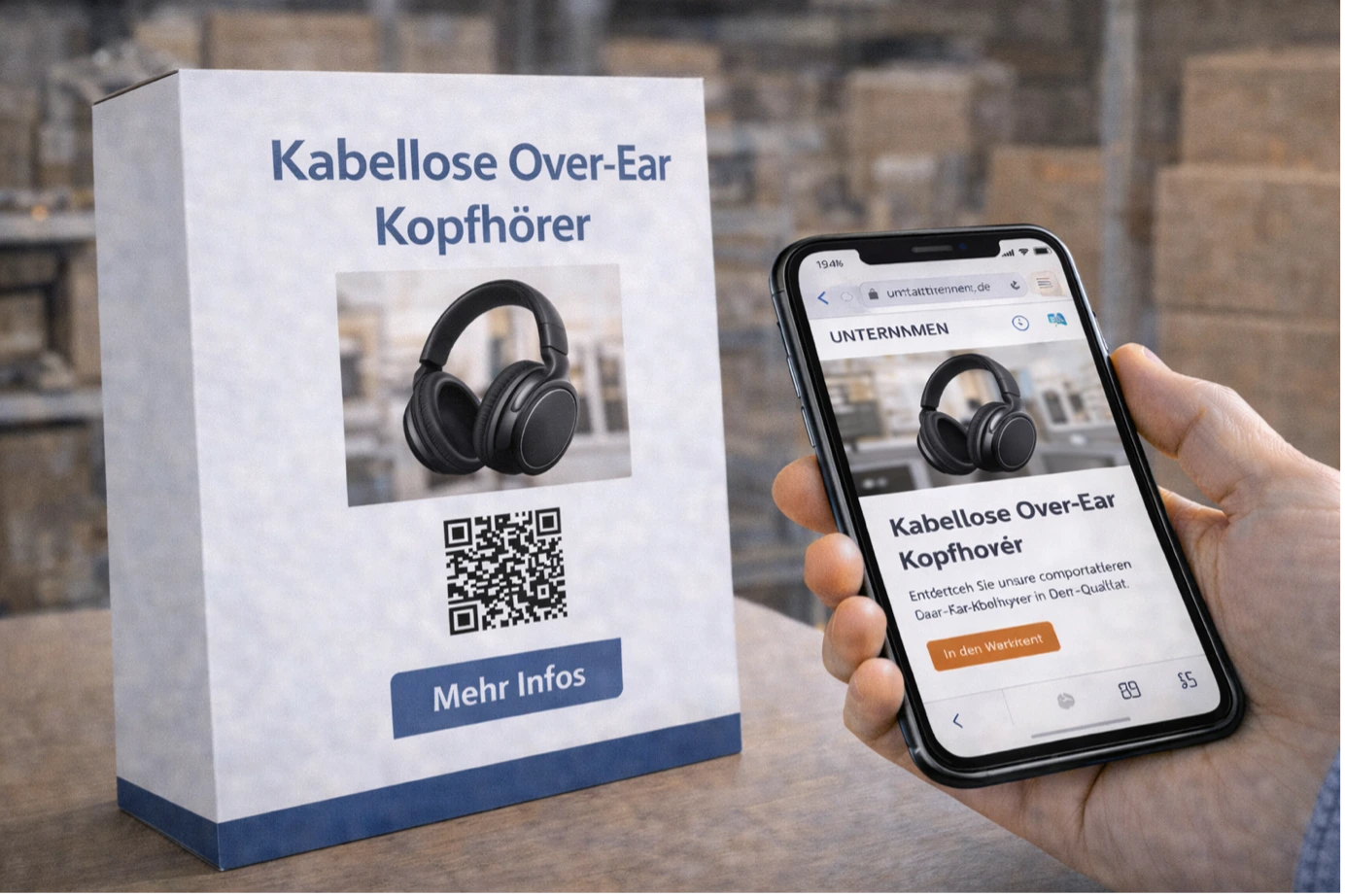 Eine Produktverpackung für kabellose Over-Ear Kopfhörer mit einem QR-Code für mehr Informationen; ein Smartphone zeigt die geöffnete Produktseite im Browser.