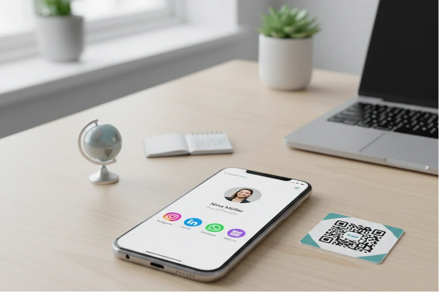 Digitale Visitenkarte auf einem Smartphone-Display und QR-Code-Karte auf einem hellen Holzschreibtisch neben einem Laptop.