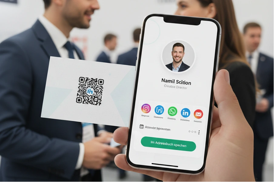 Person hält ein Smartphone mit einer digitalen Visitenkarte und einem QR-Code auf einer Papierkarte bei einem Business-Event.