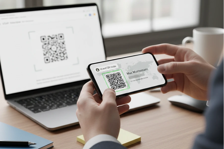Person scannt einen vCard QR-Code von einem Laptop-Bildschirm mit einem Smartphone, um die digitale Visitenkarte von Max Mustermann zu speichern.