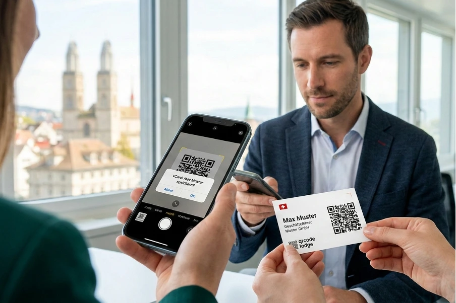Smartphone scannt vCard QR-Code von qrcodelodge auf einer Visitenkarte in einem modernen Büro.