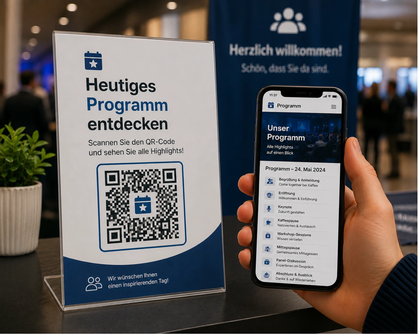 Ein Acryl-Infoständer im Eingangsbereich eines Events fordert mit einem QR-Code dazu auf, das „Heutige Programm zu entdecken“. Auf dem daneben gehaltenen Smartphone ist der digitale Ablaufplan des Tages mit verschiedenen Programmpunkten wie Keynote und Kaffeepause geöffnet.